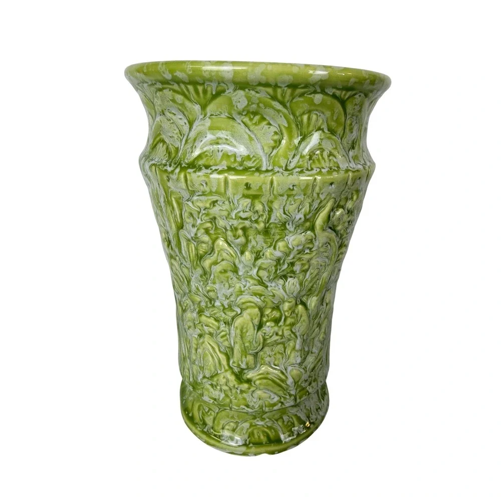 Vintage Lime Green White Drip Glaze Ceramic Vase Textured Floral Embossed 9.25in